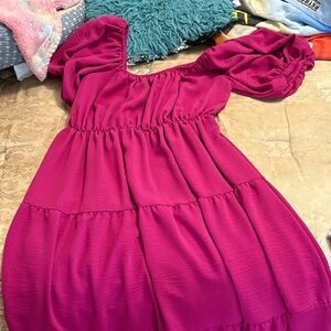 See You Monday Fuchsia Puff-Sleeve Tiered Dress